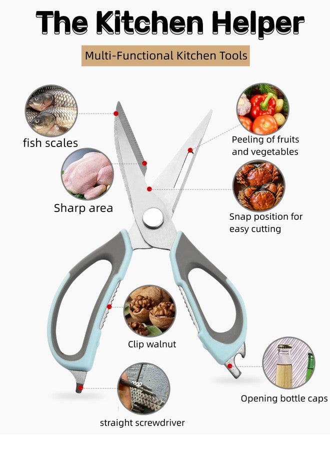 Funnytek Multifunction Kitchen Food Scissors, 6-in-1 Stainless Steel Detachable Kitchen Shears with Magnetic Holder, Household Scissors for Meat, Fish, Vegetable, BBQ (Blue-grey) - Image 2